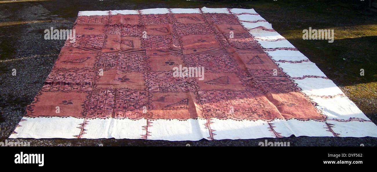Painted Tapa, or Ngatu, from Tonga in the South Pacific. Tapa cloth is made from the inner bark of the mulberrytree (hiapo) and is used on ceremonial occasions. Stock Photo