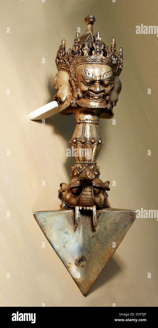 Tibet: Hayagriva Dorje Phurba Dagger, from Lhasa. A tantric ritual object in Tibetan silver.. Stock Photo
