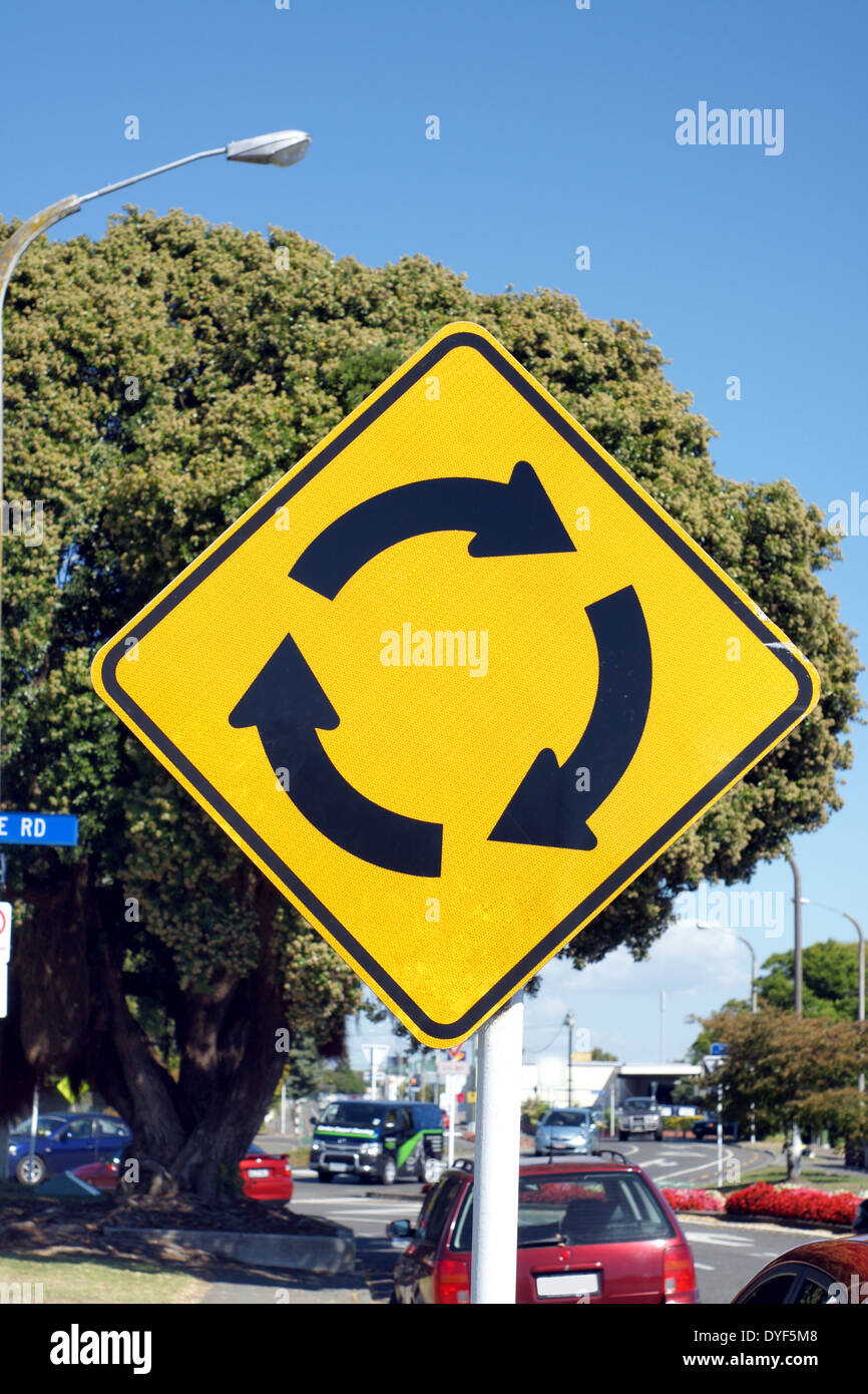 Traffic sign indicating a roundabout ahead in New Zealand and Australia