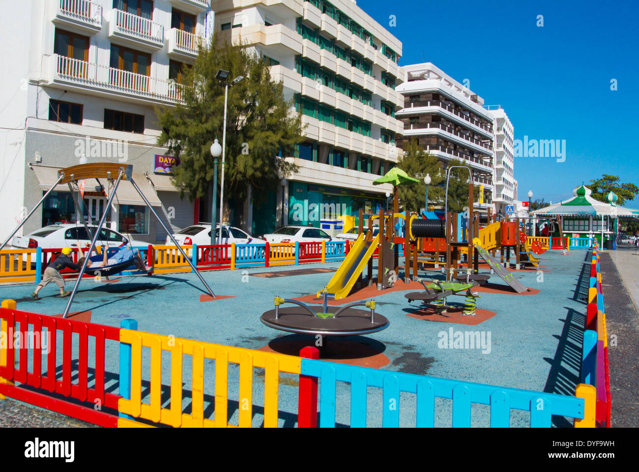 Childrens playground, La Marina seaside street, Arrecife, Lanzarote, Canary Islands, Spain, Europe Stock Photo