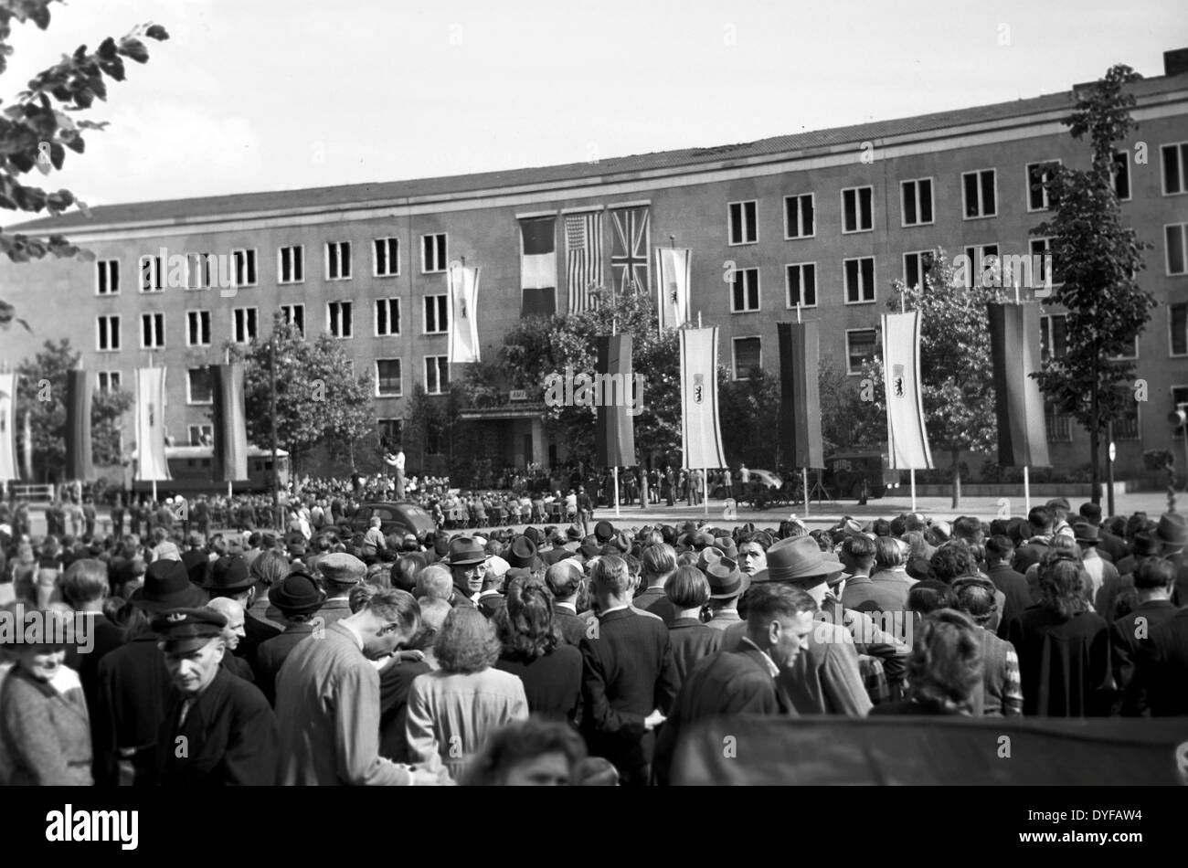 Anniversary celebration of the Berlin airlift, at Berlin-Tempelhof airport, in 1950. 50 years ago, on 24 June 1948, the USSR imposed a blockade on Berlin as a reaction to the currency reform. All land and waterways were blocked for passenger and freight traffic between West Berlin and West Germany. The supply of the West Berlin population and the western allied occupation took place by an airlift established by the USA and Great Britain. Stock Photo