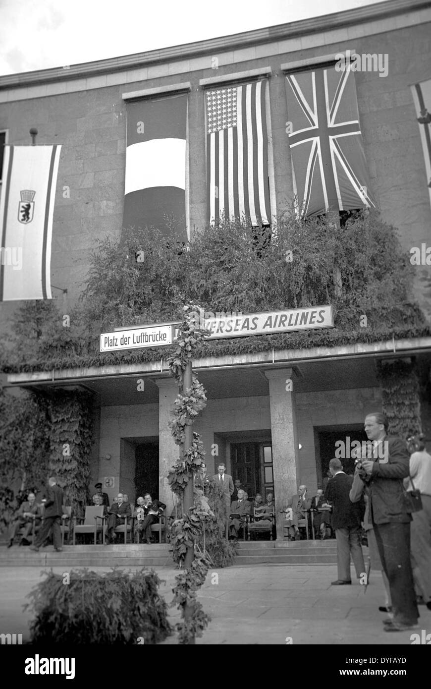 Anniversary celebration of the Berlin airlift, at Berlin Tempelhof airport, in 1950. 50 years ago, on 24 June 1948, the USSR imposed a blockade on Berlin as a reaction to the currency reform. All land and waterways were blocked for passenger and freight traffic between West Berlin and West Germany. The supply of the West Berlin population and the western allied occupation took place by an airlift established by the USA and Great Britain. Stock Photo