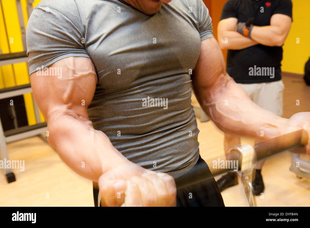 Two male body builders work out in a gym in Budapest, Hungary Stock Photo