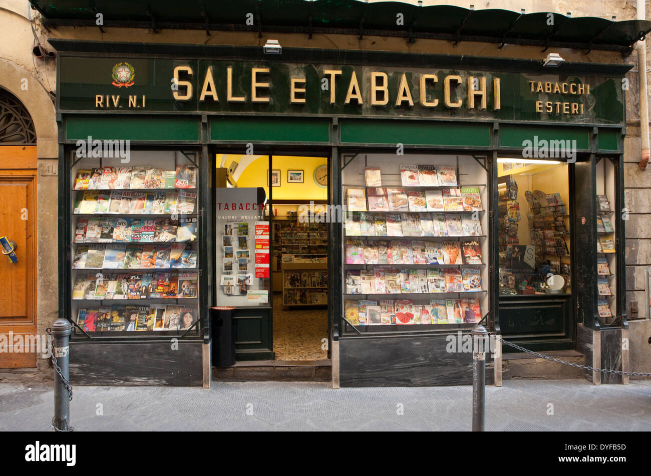 The exterior of a Tabacchi shop in Arezzo, Italy. These shops are the Italian 7-11's and sell a variety of goods alongside tobacco. Stock Photo