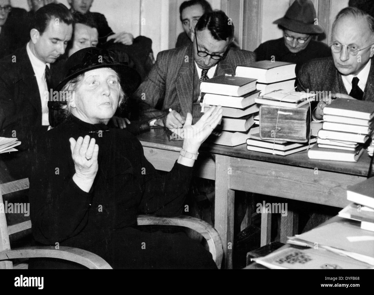 The widow of General Erich Ludendorff, Mathilda Ludendorff, during her defense at the Munich main chamber in Munich, Germany, 23 November 1949. As co-owner of Ludendorff publishers, she was accused as part of denazification of having supported the dissemination of antisemitic propaganda for the Nazi regime. In 1951, she was judged to be belong to the denazification group of 'Offenders' and was sentenced to one year of reconstruction work, 50 percent of assets were confiscated for reparation purposes and a seven-year occupational ban. Photo: Berliner Verlag/Archive - NO WIRE SERVICE Stock Photo