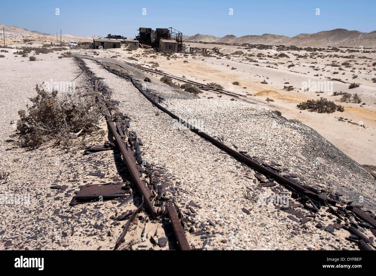 Luederitz, Namibia. 12th Jan, 2011. Railway tracks of remnants of the diamond mining in former German settlement Pomona in Diamond Area 1 south of Luederitz, Namibia, 12 January 2011. The sand of the desert more and more covers the legacy of human activity in the area. Photo: Tom Schulze -NO WIRE SERVICE –/dpa/Alamy Live News Stock Photo