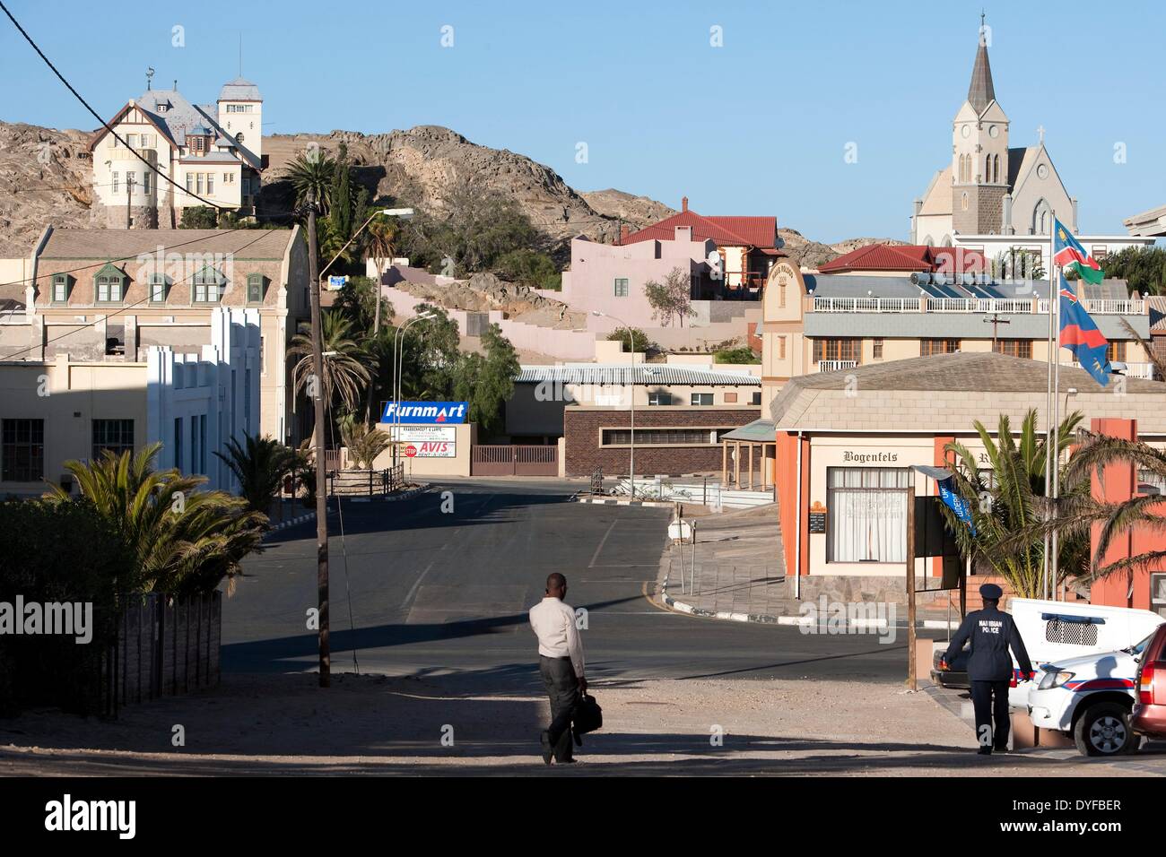 View of Luederitz, a town in the south of Namibia, with 'Goerke House' (TOP-L), the Evangelical Lutheran church (R) and restaurant Bogenfels 10 January 2011. The city was founded by tobacco traders from Bremen and is closely connected with diamond mining. Photo: Tom Schulze -NO WIRE SERVICE – Stock Photo