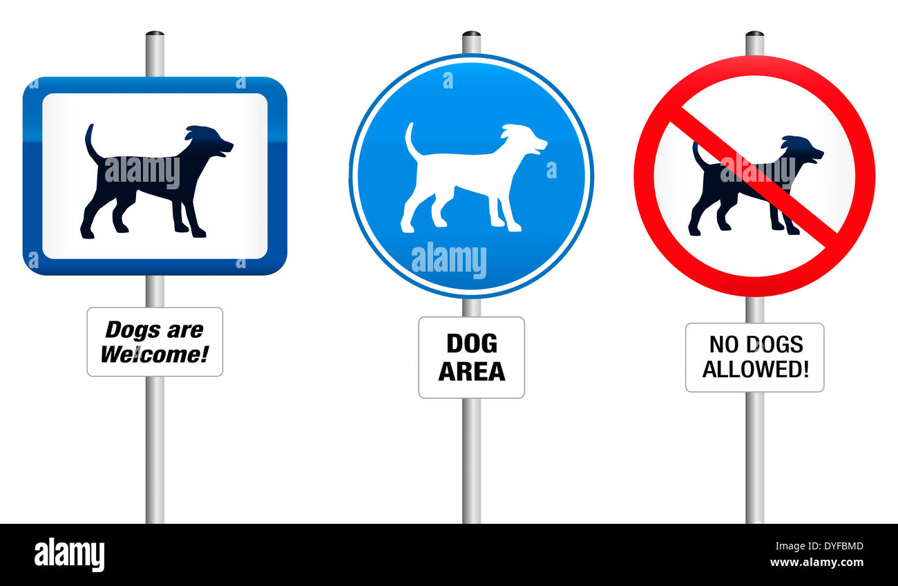 Three dog signs, that say: Dogs are Welcome! - Dog Area - No Dogs Allowed. Stock Photo