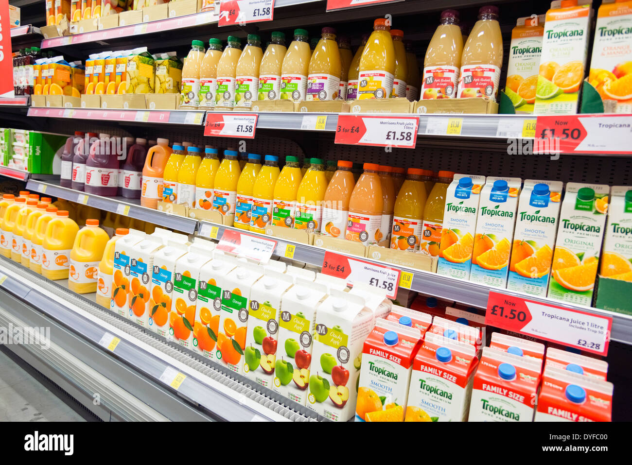 Fruit juice for sale in Morrisons supermarket, Newport, South Wales, UK. Stock Photo
