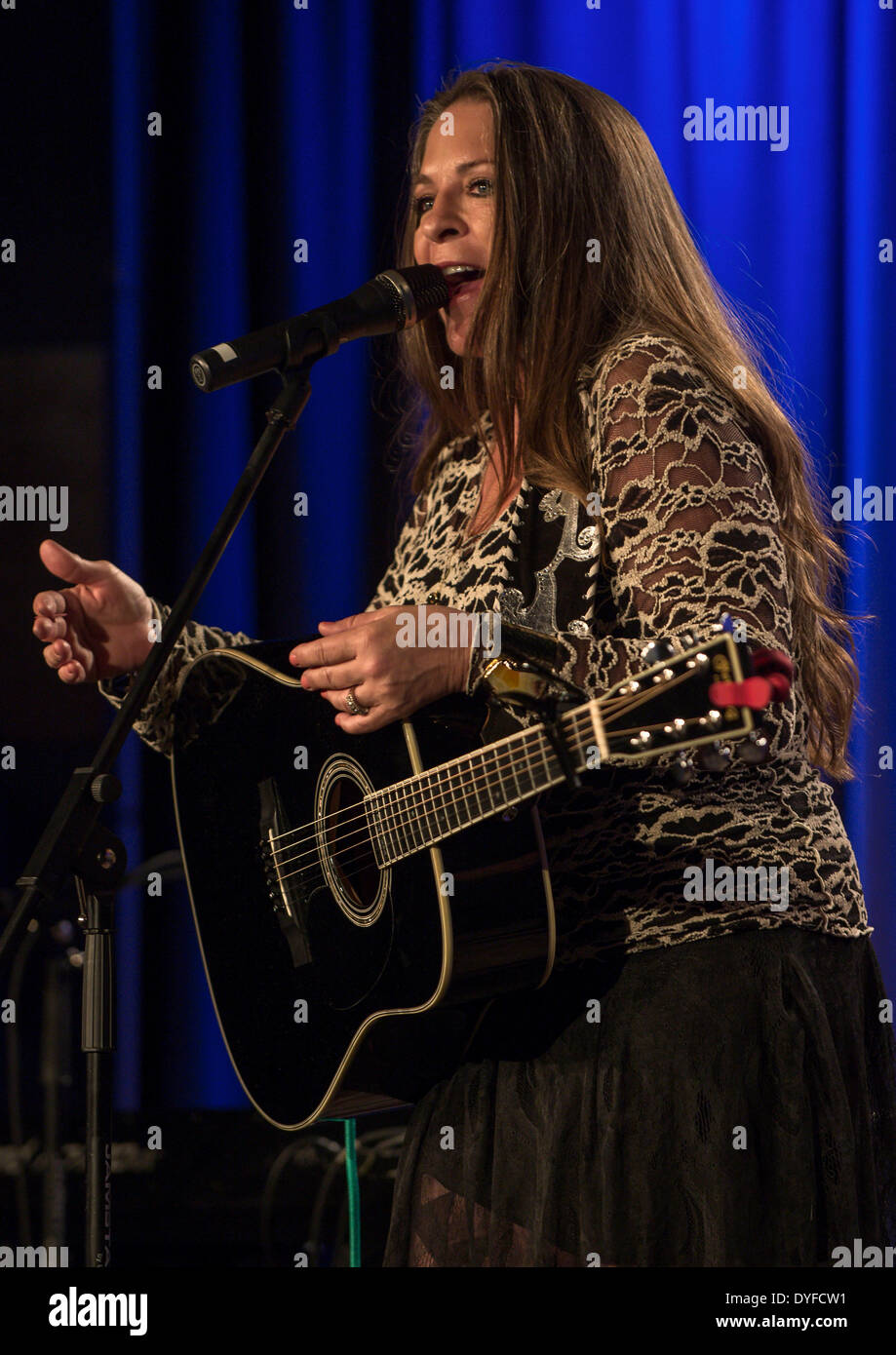 Los Angeles, California, USA. 15th Apr, 2014. CARLENE CARTER, daughter of June Carter Cash, performs songs from 'Carter Girl' at the GRAMMY Museum. A personal homage to her Carter Family roots, 'Carter Girl' was produced by Don Was and features duets with Willie Nelson, Kris Kristofferson and Vince Gill. © Brian Cahn/ZUMAPRESS.com/Alamy Live News Stock Photo