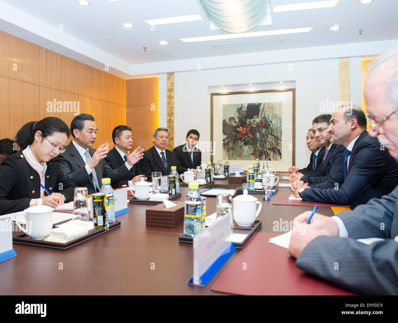 Beijing, China. 16th Apr, 2014. Chinese Foreign Minister Wang Yi (2nd L) meets with Jarba (2nd R), head of the National Coalition of Syrian Opposition and Revolutionary Forces, in Beijing, China, April 16, 2014. © Wang Ye/Xinhua/Alamy Live News Stock Photo