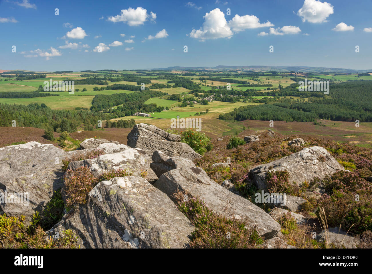 The view from Harbottle Moors down towards the village of Harbottle and the Coquet Valley, Northumberland National Park, England Stock Photo