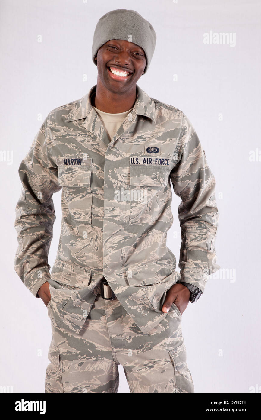 Black man in U.S. Air Force camouflage,fatigues, standing and looking at  the camera with a smile Stock Photo - Alamy