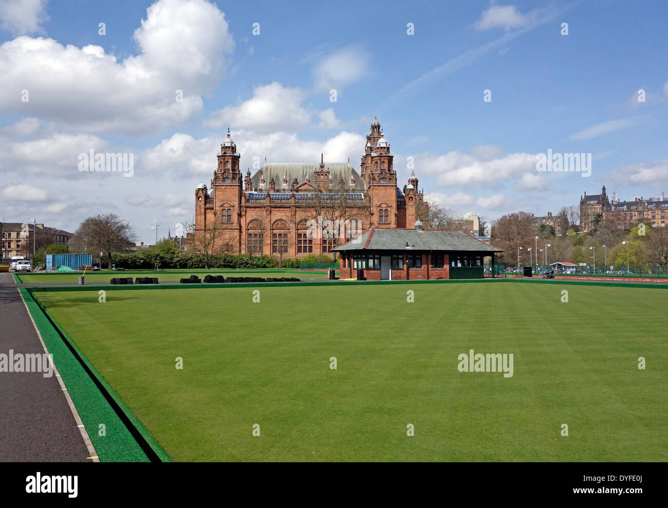 View from the west of Kelvingrove Art Gallery & Museum in the west end of Glasgow Scotland with bowling green and house front Stock Photo