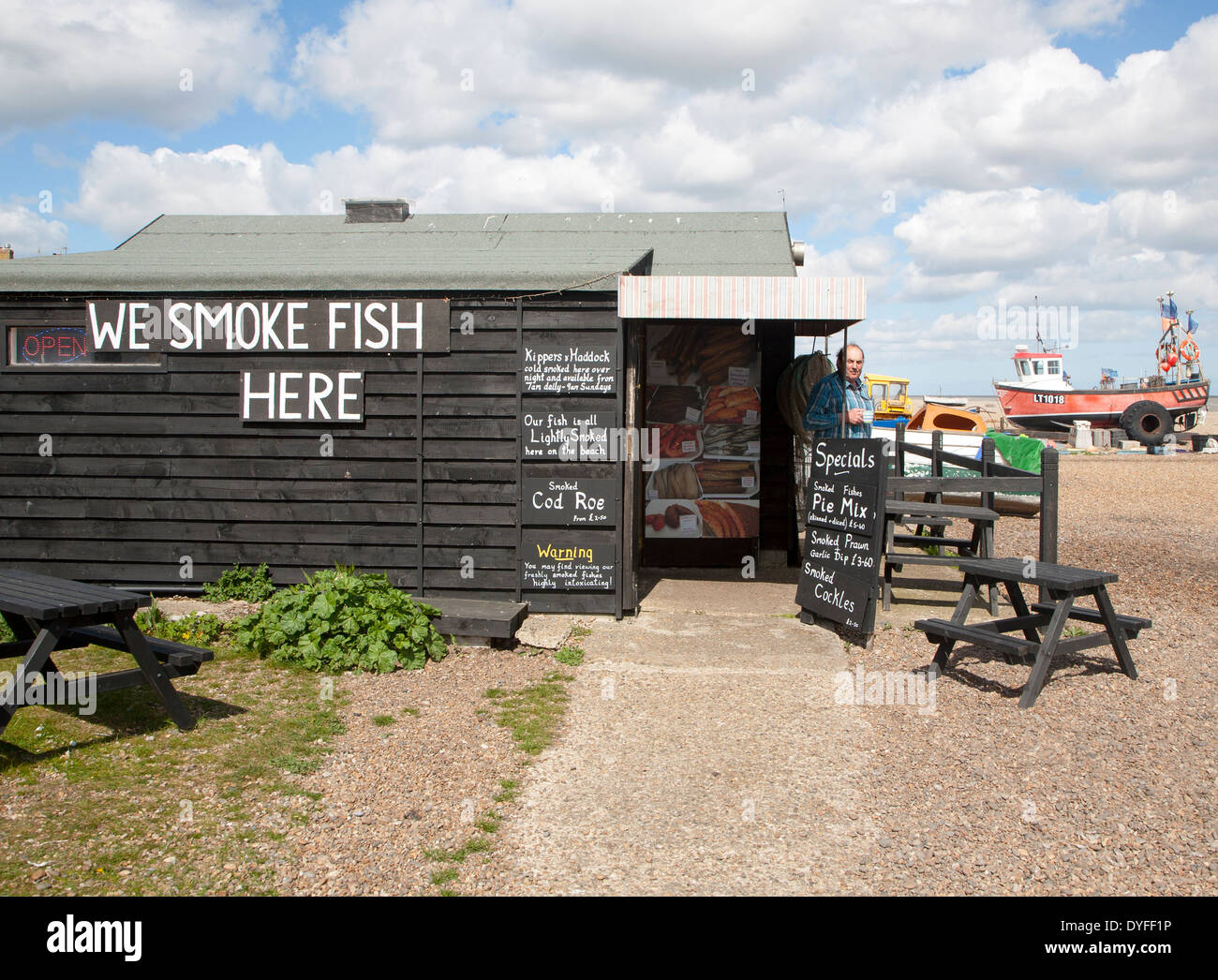 Fish shack specialising in smoked fish on the beach at Aldeburgh, Suffolk, England Stock Photo