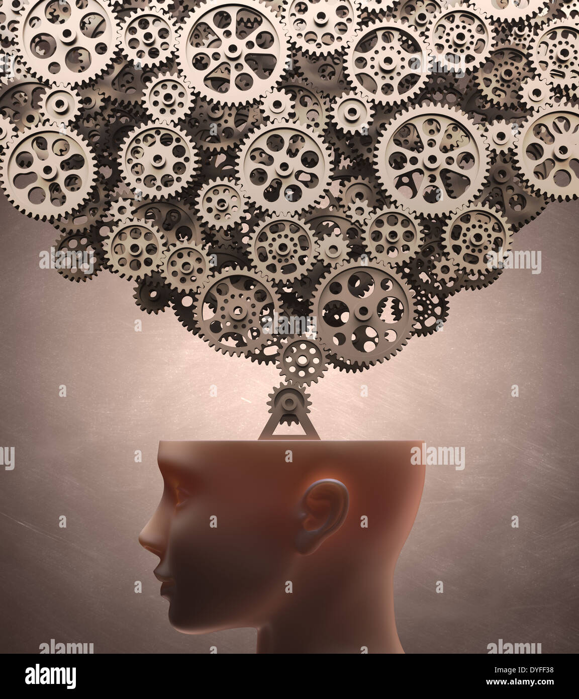 Several gear machine coming out of the brain. Clipping path included. Stock Photo