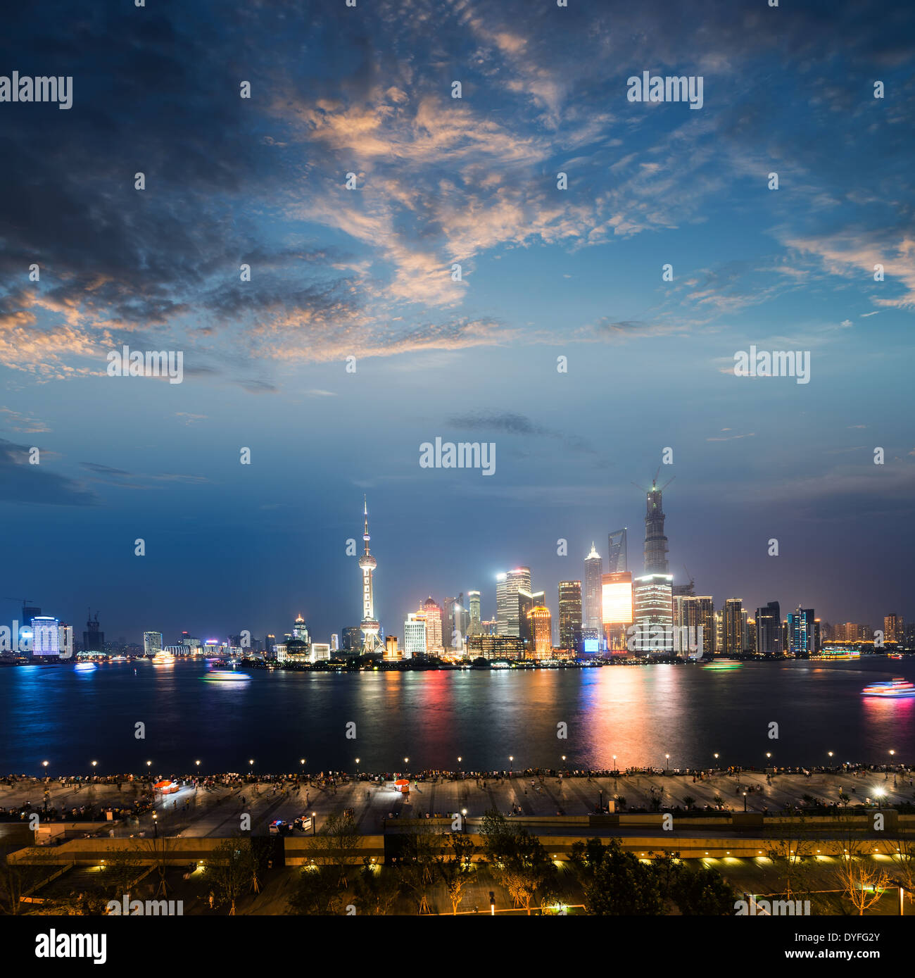 panoramic view of shanghai skyline with huangpu river at dusk Stock ...