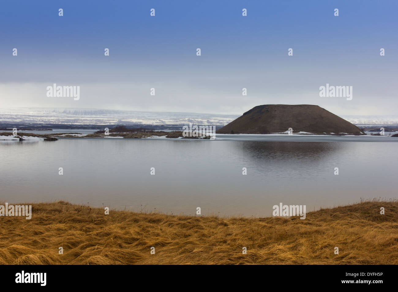 Panoramic view of Myvatn lake with a pseudocrater in the back Stock Photo