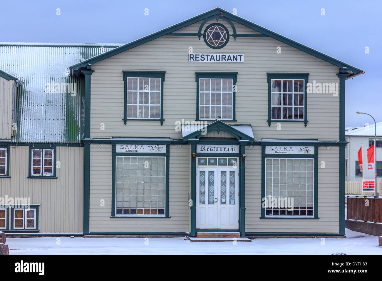 Restaurant in Husavik city center Stock Photo