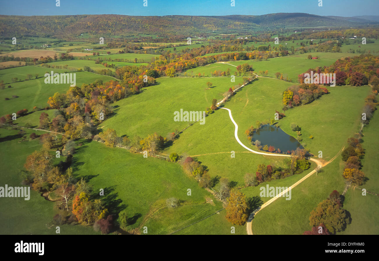 LOUDOUN COUNTY, VIRGINIA, USA Aerial of farm land, and Blue Ridge