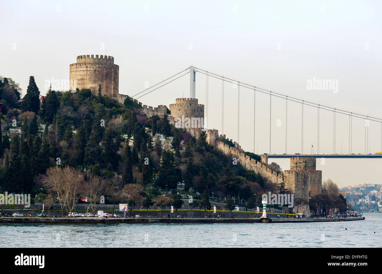 The Fortress of Rumeli Hisari and Fatih Sultan Mehmet bridge, taken from the deck of a Bosphorus cruise boat, Istanbul, Turkey Stock Photo