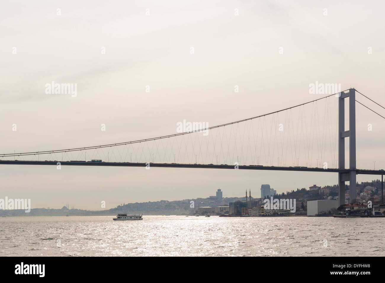 The Bosphorus Bridge looking towards the Golden Horn, viewed from a Bosphorus cruise boat, Istanbul, Turkey Stock Photo