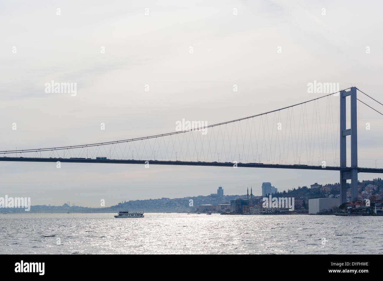 The Bosphorus Bridge looking towards the Golden Horn, viewed from a Bosphorus cruise boat, Istanbul, Turkey Stock Photo