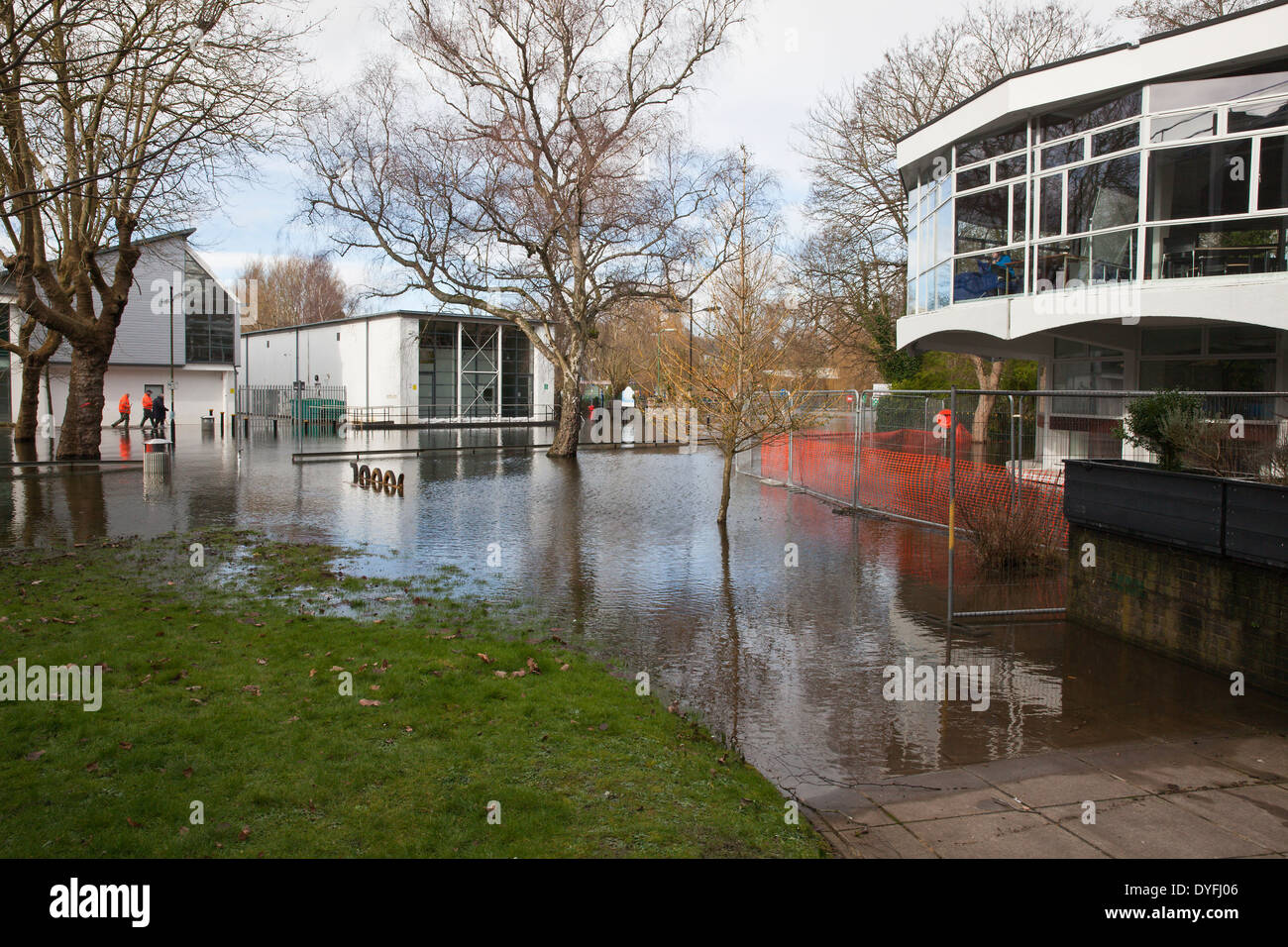 The flooded River Itchen at Park Avenue and Winchester School of Art, Hampshire, England, UK.  Flooding is becoming more frequent with climate change. Stock Photo