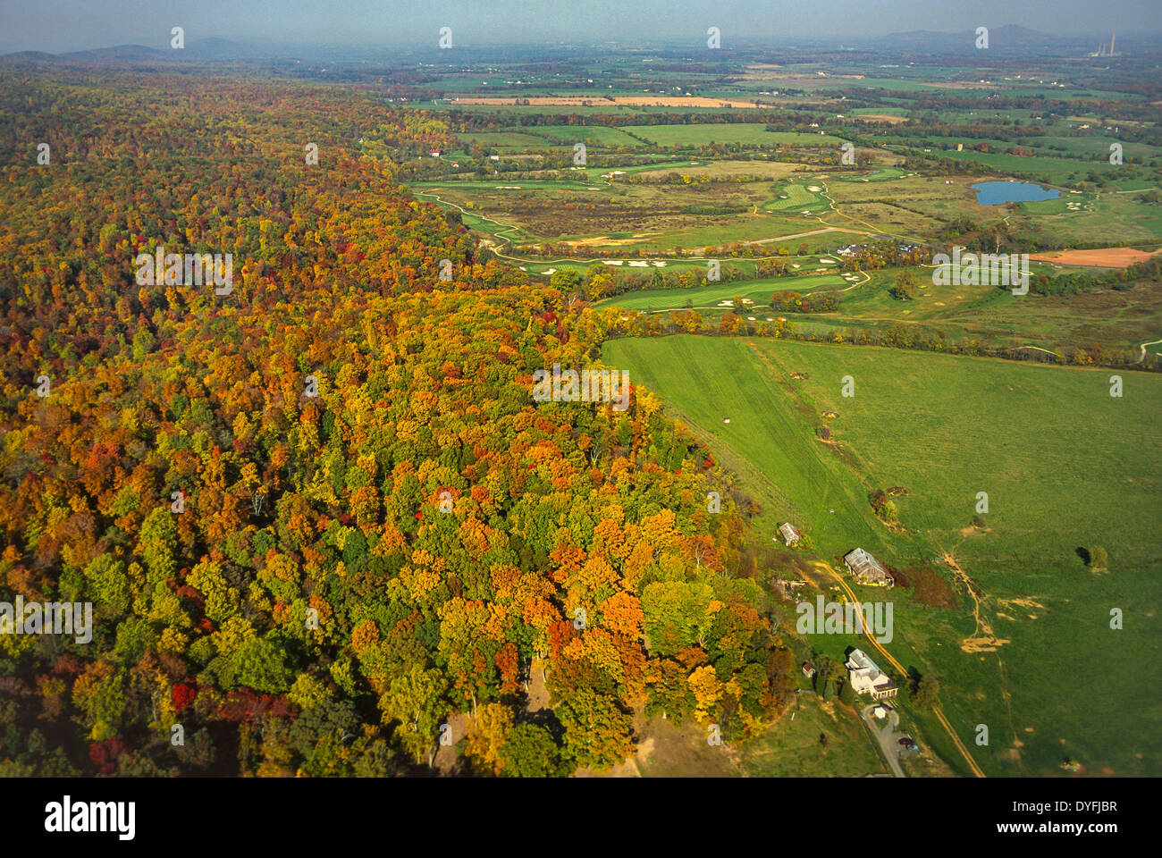 LOUDOUN COUNTY, VIRGINIA, USA - Aerial of autumn foliage in Blue Ridge mountains, left, where they meet developed land. Stock Photo