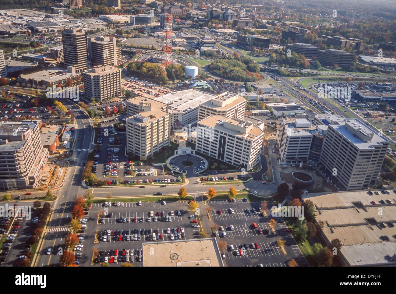 MCLEAN, VIRGINIA, USA - Aerial of Booz Allen Hamilton buildings, center, at Tysons Corner, Fairfax County. Stock Photo