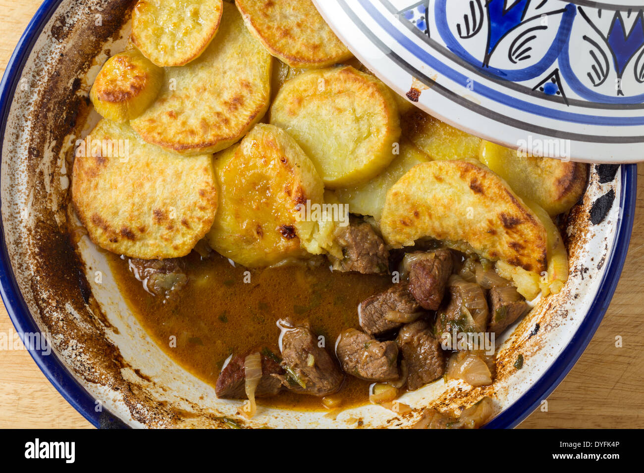 Moroccan sweet potato and beef tagine cooked in the bowl, from above. A traditional dish from Fez Stock Photo