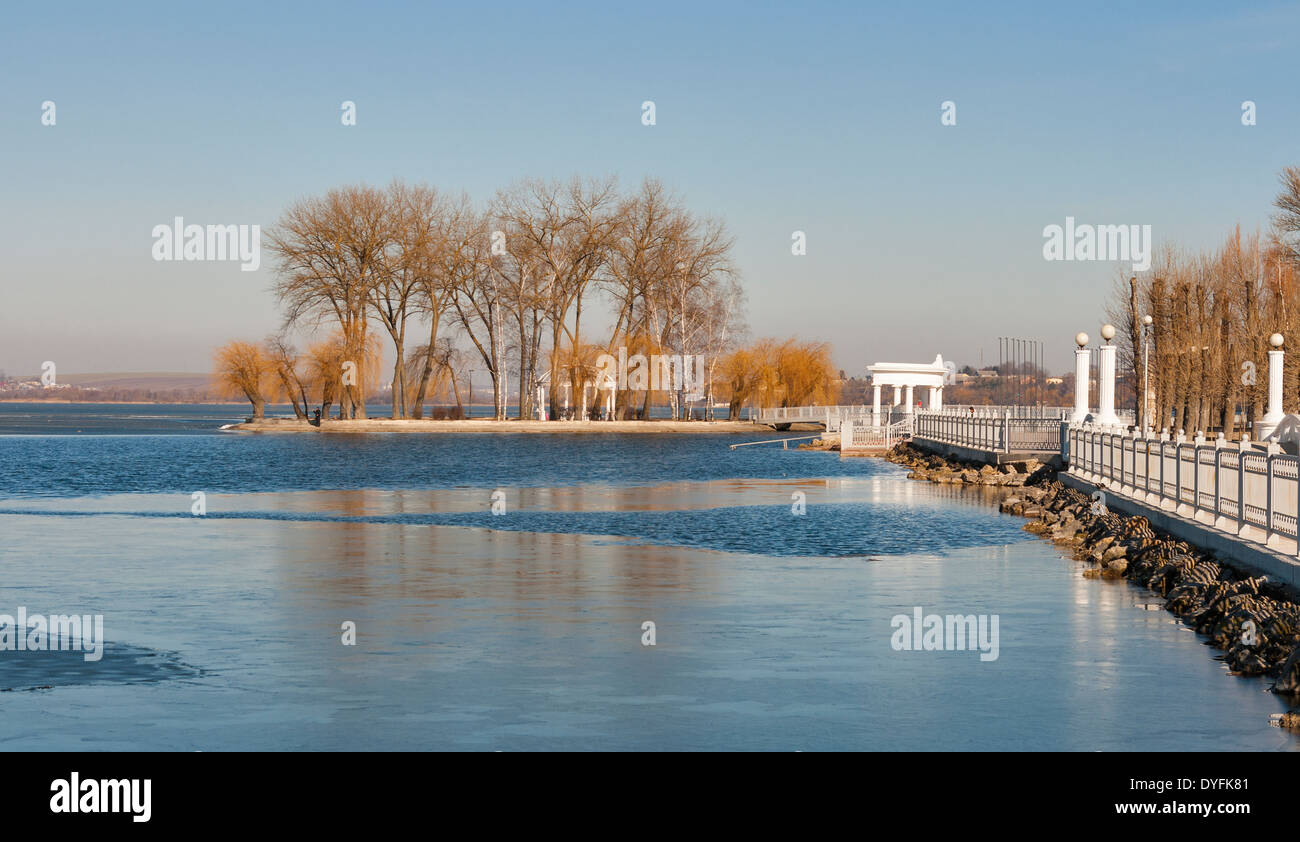 Ternopil waterfront with Lovers Island at spring Stock Photo