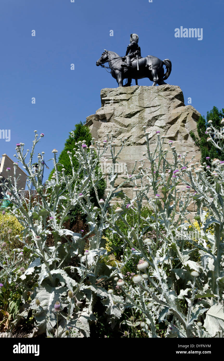 Military statue in Princes Street Gardens, Edinburgh, Scotland, with a large thistle plant in the foreground. Stock Photo