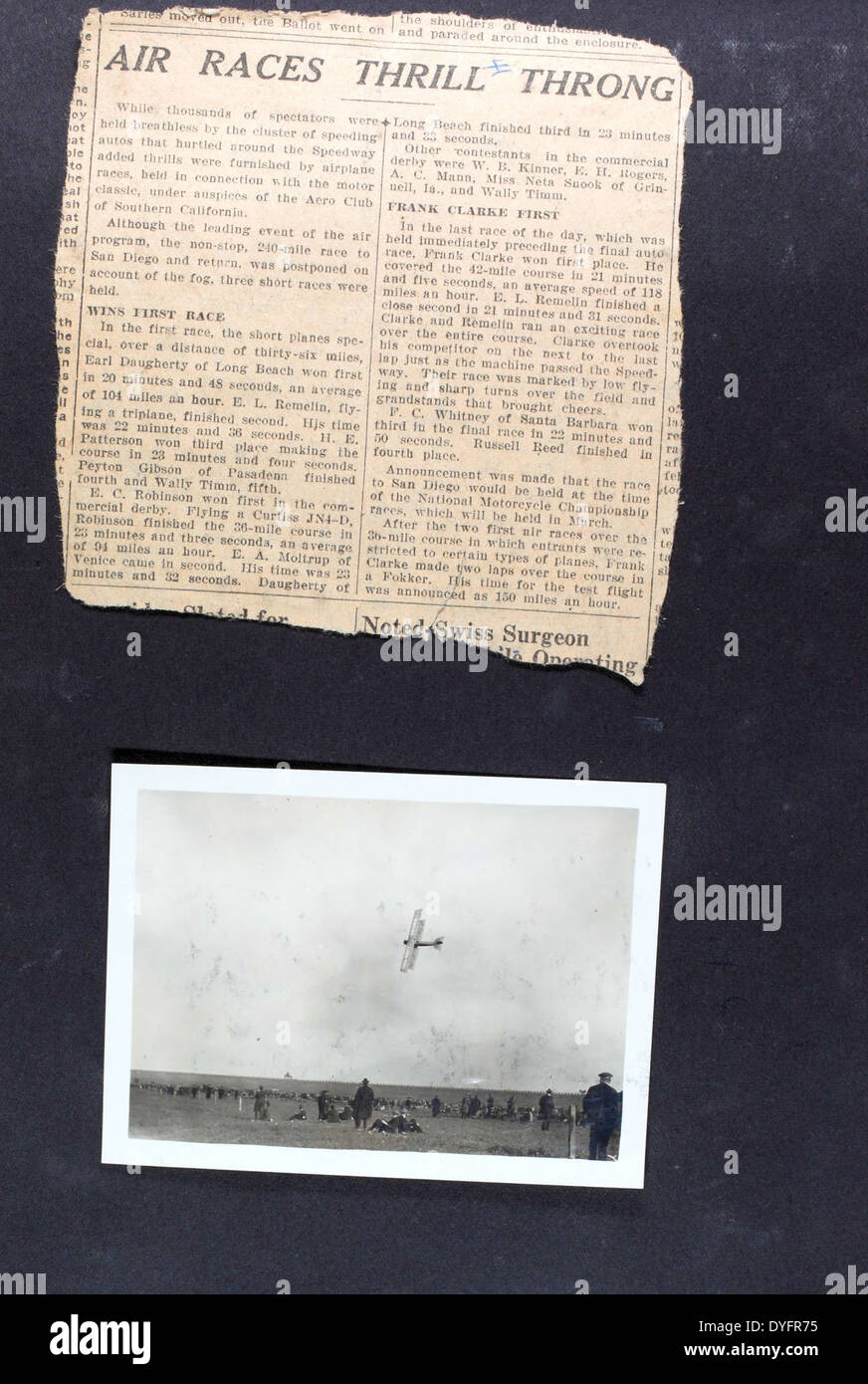 This image shows Frank Clarke, a renowned barnstormer and stunt pilot, performing daredevil aerial stunts at Chaplin Field. His contributions to the world of stunt flying and Hollywood movies are significant. Stock Photo