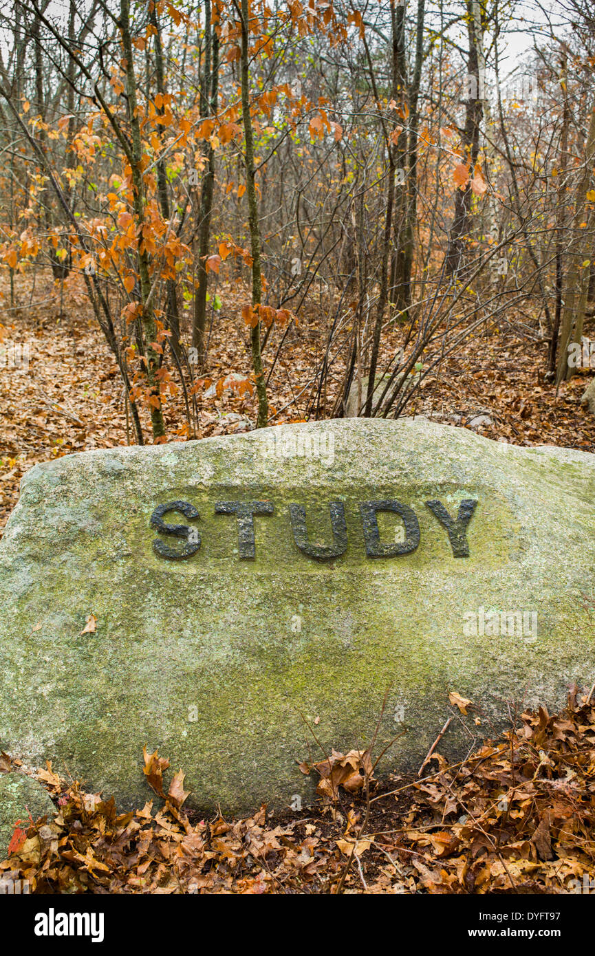 USA, Massachusetts, Gloucester, Dogtown rocks with inspirational words ...