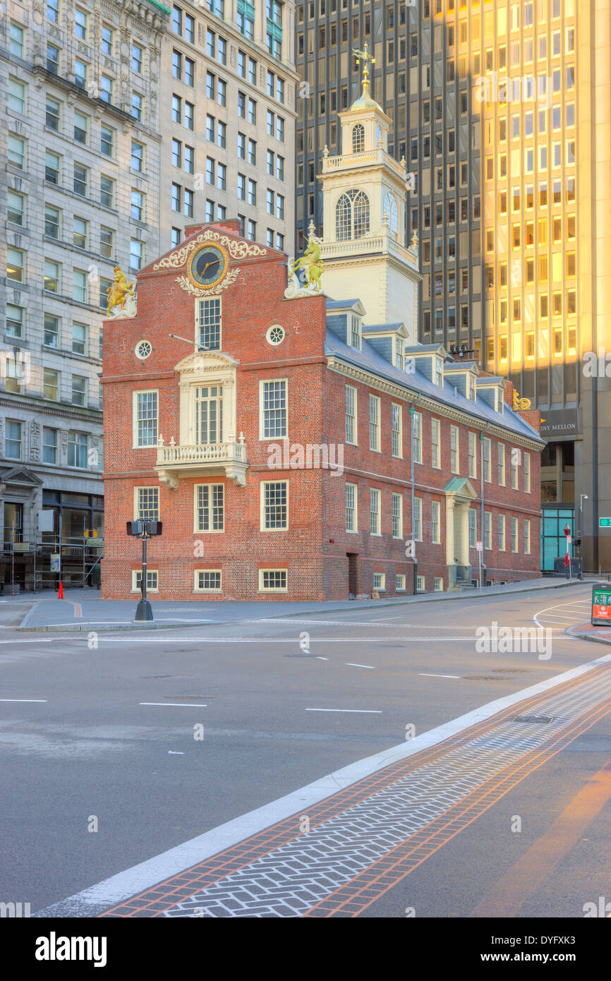The Old State House on the Freedom Trail amongst the modern buildings in the Financial District of Boston, Massachusetts. Stock Photo