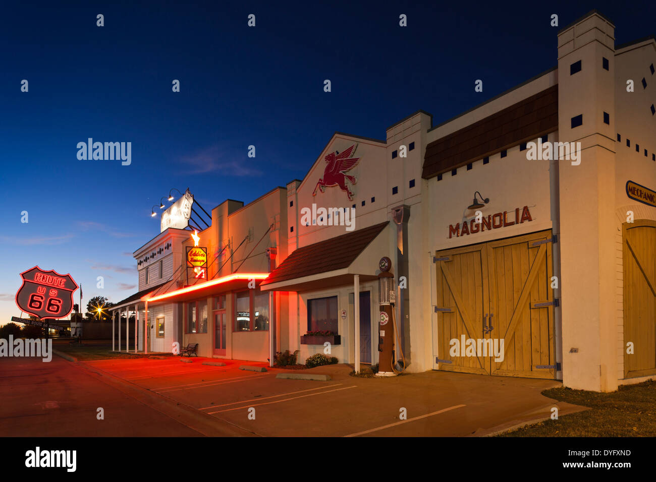 USA, Oklahoma, Elk City, National Route 66 Museum, buildings at dusk Stock Photo