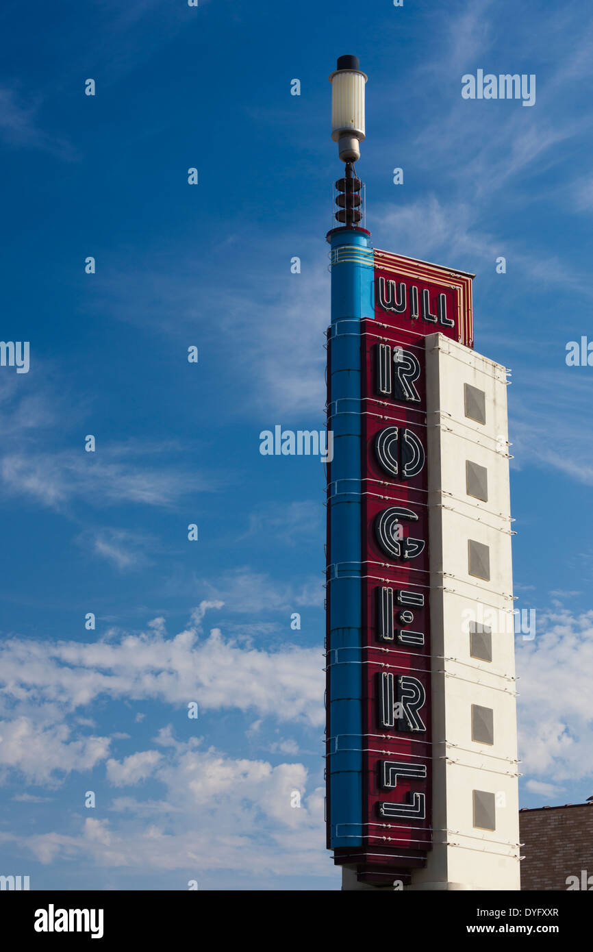 USA, Oklahoma, Oklahoma City, art-deco sign for the Will Rogers Theater Stock Photo