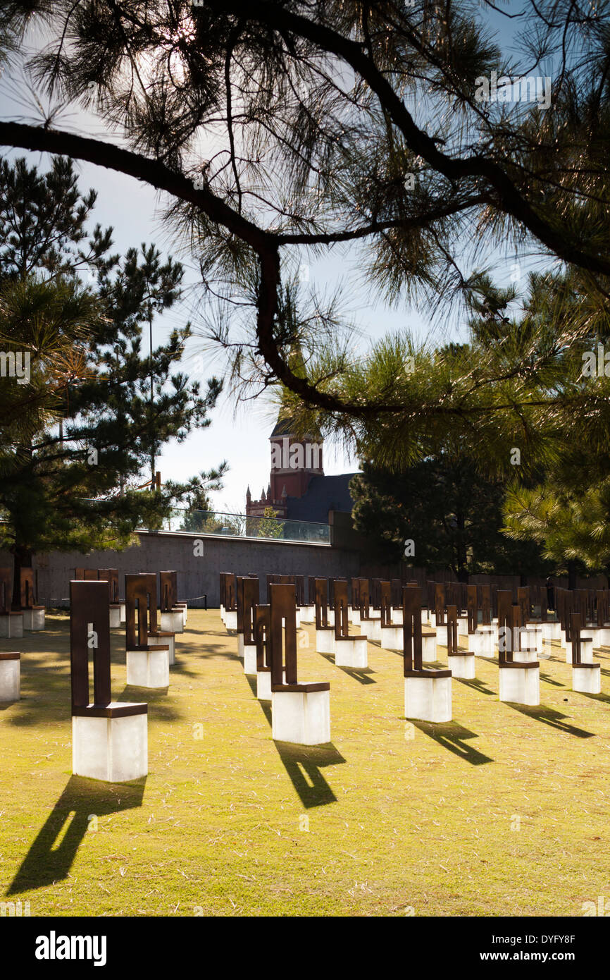 USA, Oklahoma, Oklahoma City, Oklahoma City National Memorial, bronze chair memorials to each of the victims Stock Photo