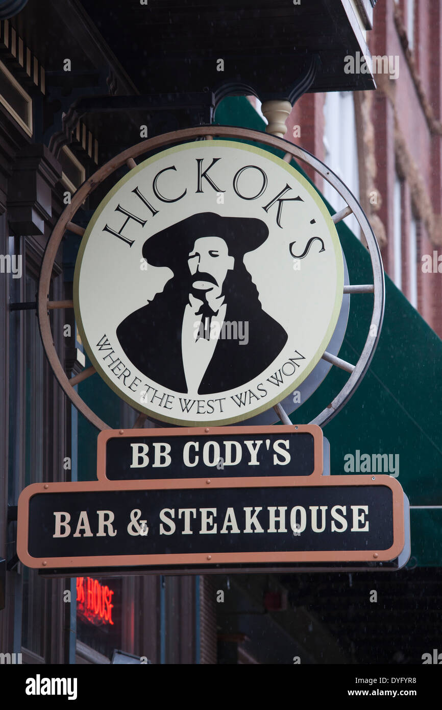 USA, South Dakota, Black Hills National Forest, Deadwood, sign for Hickok's Bar Stock Photo