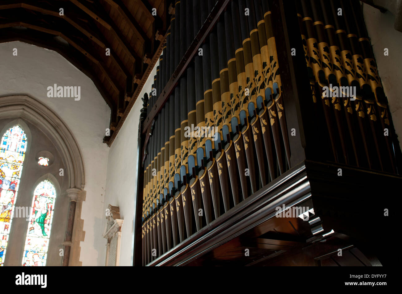 The organ in St. Mary the Virgin Church, Great Brickhill, Buckinghamshire, England, UK Stock Photo