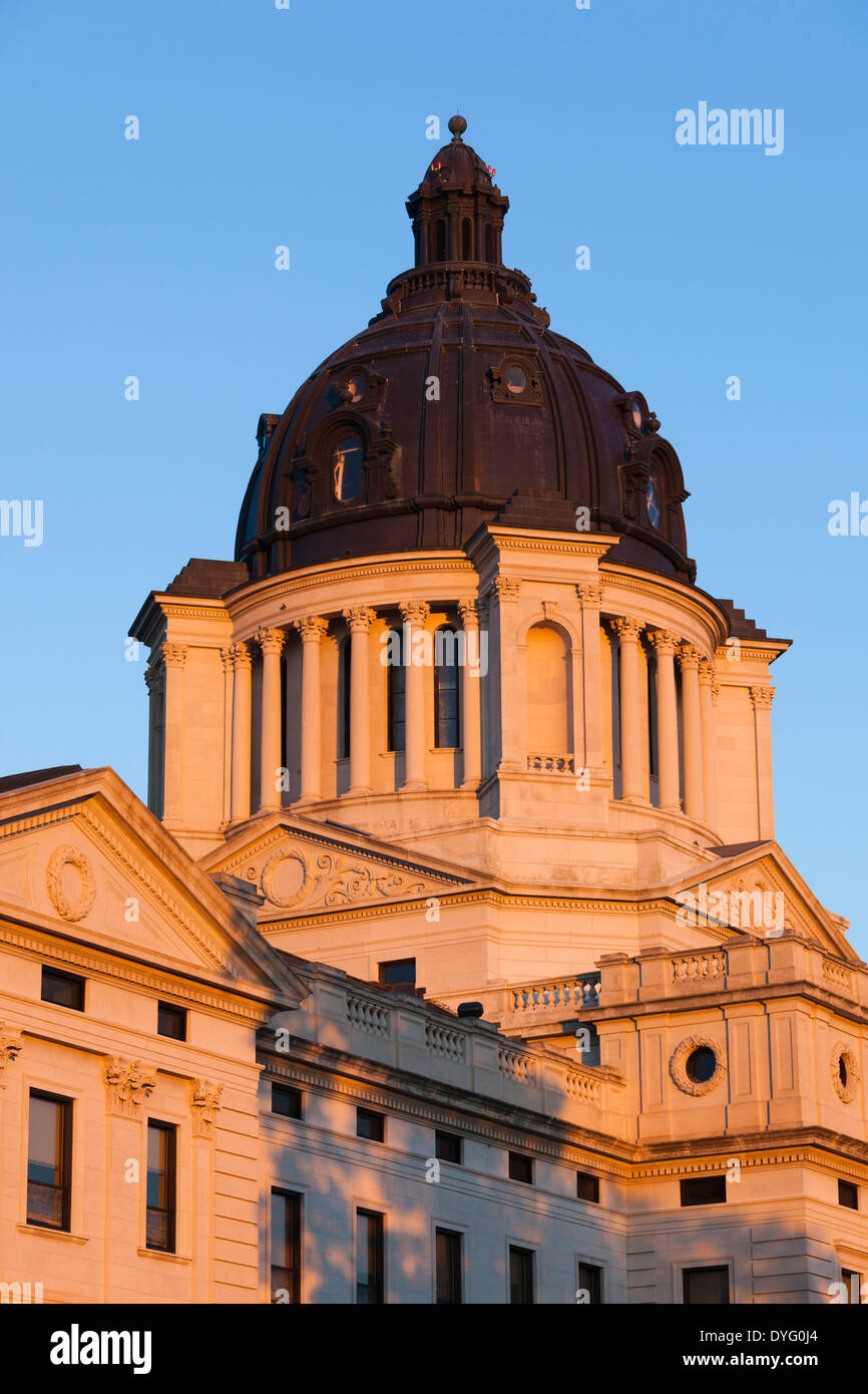 USA, South Dakota, Pierre, South Dakota State Capitol exterior, sunset Stock Photo