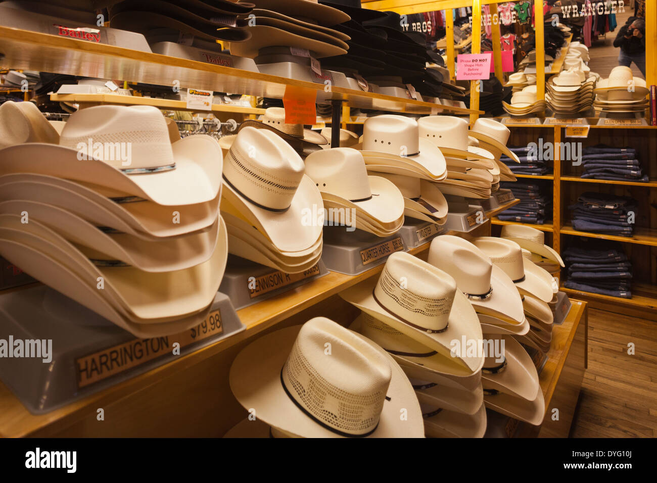 USA, South Dakota, Wall, Wall Drug Store, cowboy hats Stock Photo