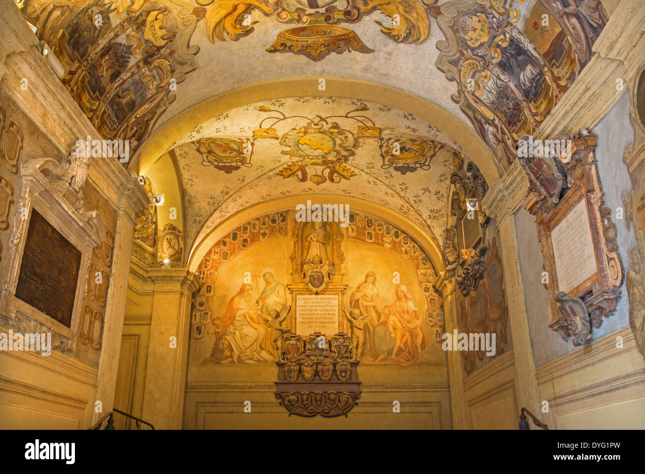 BOLOGNA, ITALY - MARCH 15, 2014: Ceiling and walls of external atrium of Archiginnasio. Stock Photo