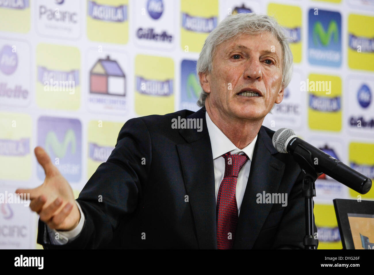 Bogota, Colombia. 16th Apr, 2014. Colombia's national soccer team head coach Jose Pekerman participates in a press conference in Bogota, Colombia, on April 16, 2014. Pekerman presented his latest movements on the Colombian team before the Brazil 2014 World Cup and announced that Colombia will play two friendly matches in Argentina, according to local press. © Jhon Paz/Xinhua/Alamy Live News Stock Photo