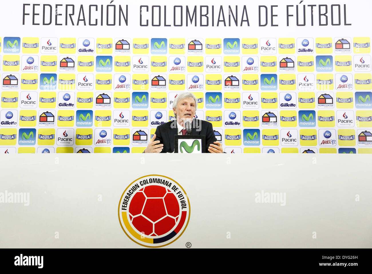 Bogota, Colombia. 16th Apr, 2014. Colombia's national soccer team head coach Jose Pekerman participates in a press conference in Bogota, Colombia, on April 16, 2014. Pekerman presented his latest movements on the Colombian team before the Brazil 2014 World Cup and announced that Colombia will play two friendly matches in Argentina, according to local press. © Jhon Paz/Xinhua/Alamy Live News Stock Photo