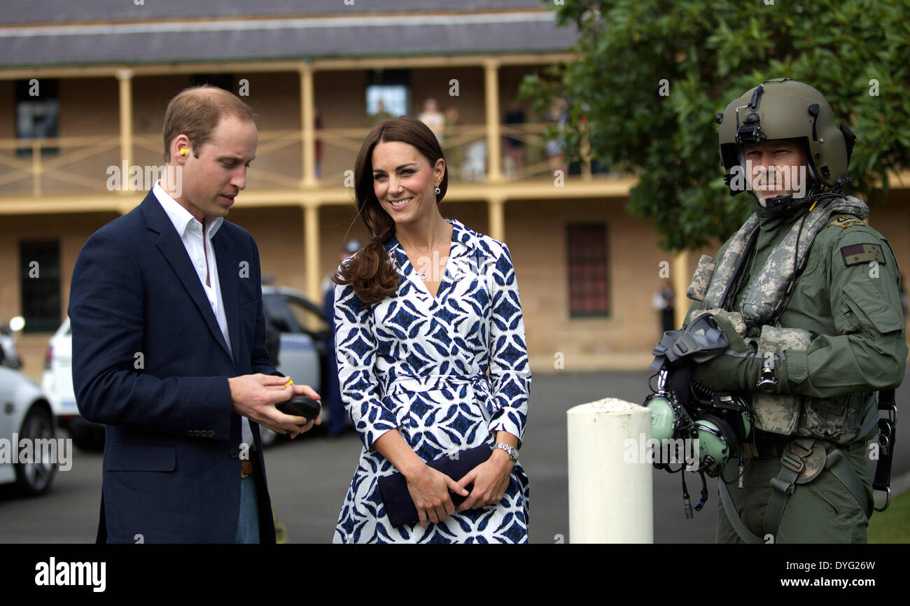Blue Mountains, Australia. 17th Apr, 2014. British Prince William and his wife Kate, Duchess of Cambridge, meet with Australian helicopter crew members participating in rescue missions at the Blue Mountains heavily affected by last year's bushfires, on April 17, 2014. Prince William, his wife Kate and their baby Prince George arrived in Sydney Wednesday afternoon for a 10-day Australian trip. Credit:  Xinhua/Alamy Live News Stock Photo