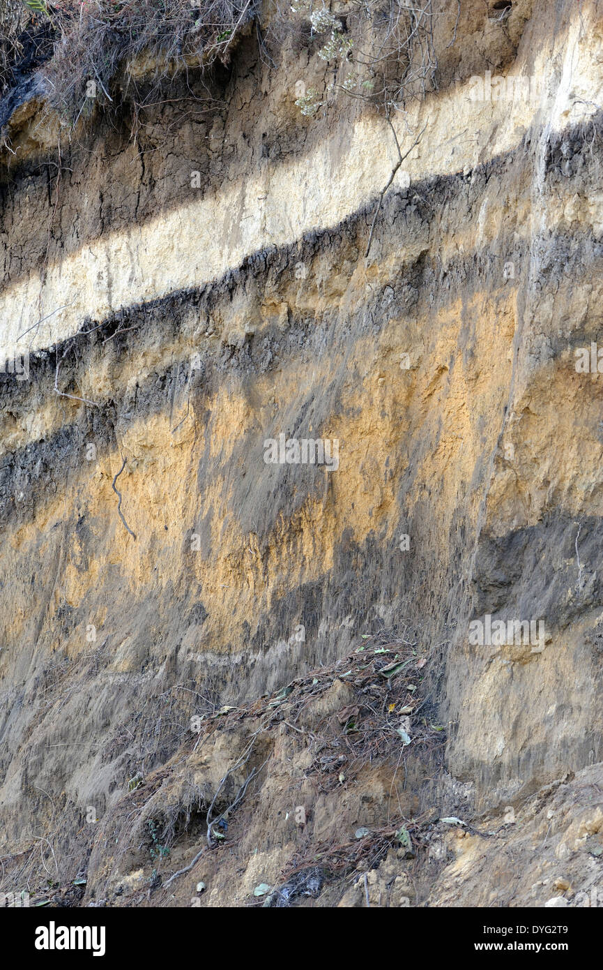 Layers of different coloured soil in a roadside cutting reflect the volcanic activity in the western highlands of Guatemala. Stock Photo