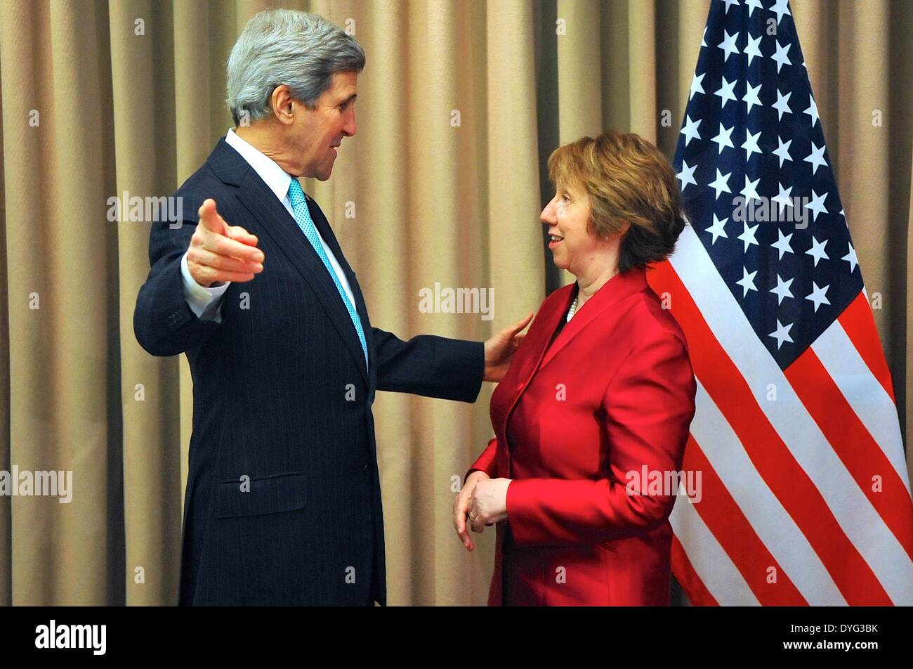 Geneva. 17th Apr, 2014. US Secretary of State John Kerry (L) meets with EU foreign policy chief Catherine Ashton in Geneva, Switzerland, April 17, 2014. John Kerry and Catherine Ashton met in Geneva Thursday morning ahead of four-party talks over the Ukraine crisis. The four-party talks involving the EU, Russia, the US and Ukraine for the first time since the crisis began would seek ways to handle the tensions in Ukraine. Credit:  Xinhua/Alamy Live News Stock Photo