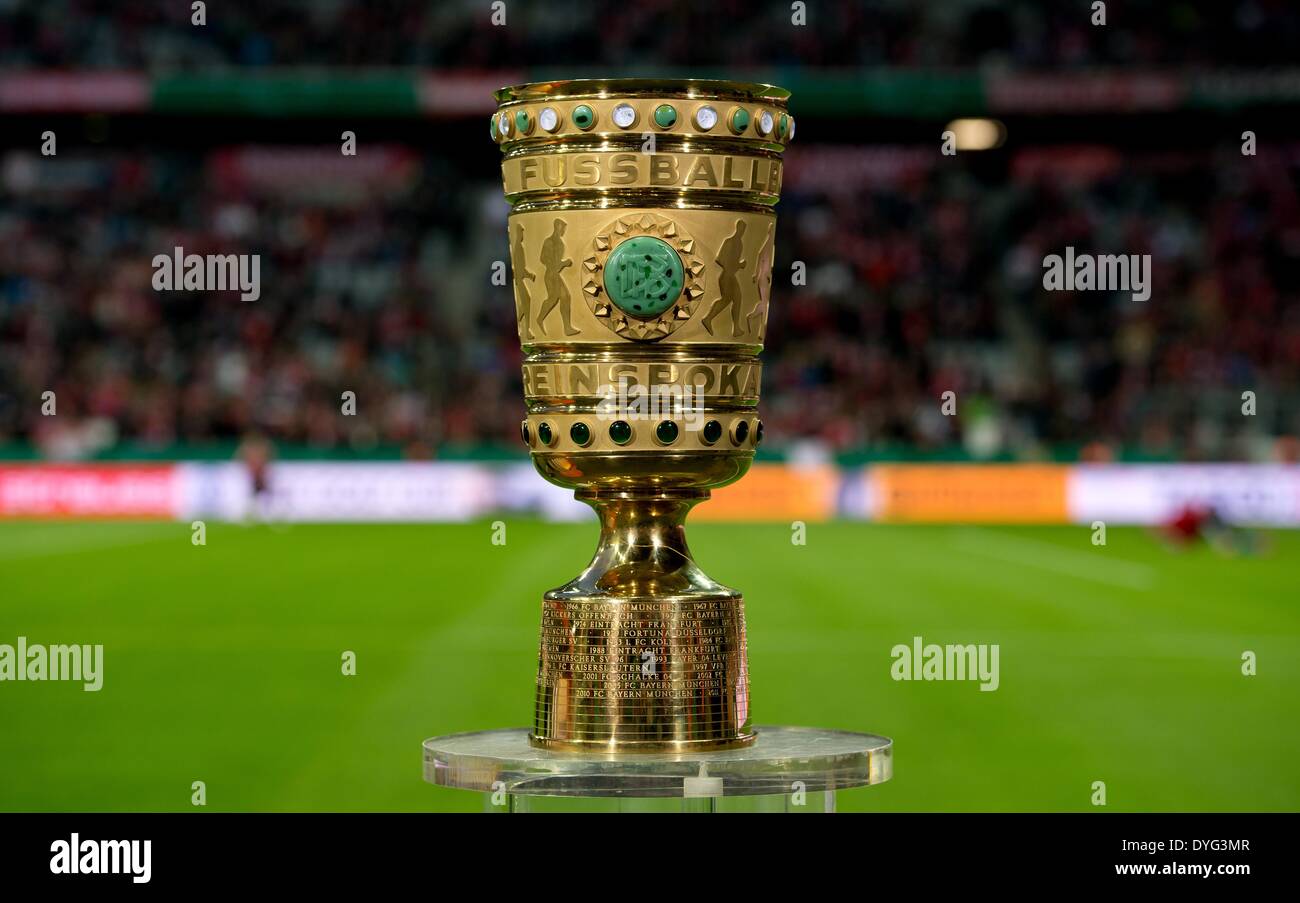 Munich, Germany. 16th Apr, 2014. The cup sits in the stadium before the DFB Cup semifinal match between FC Bayern Munich and FC Kaiserslautern at Allianz Arena in Munich, Germany, 16 April 2014. Photo: SVEN HOPPE/dpa/Alamy Live News Stock Photo